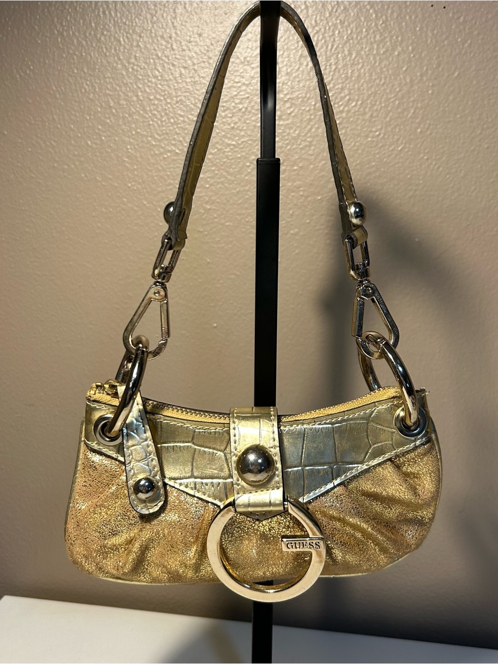 Y2K Guess Faux Croc Mini Bag Purse Fairy Metallic Gold Silver 7.5” x 4”